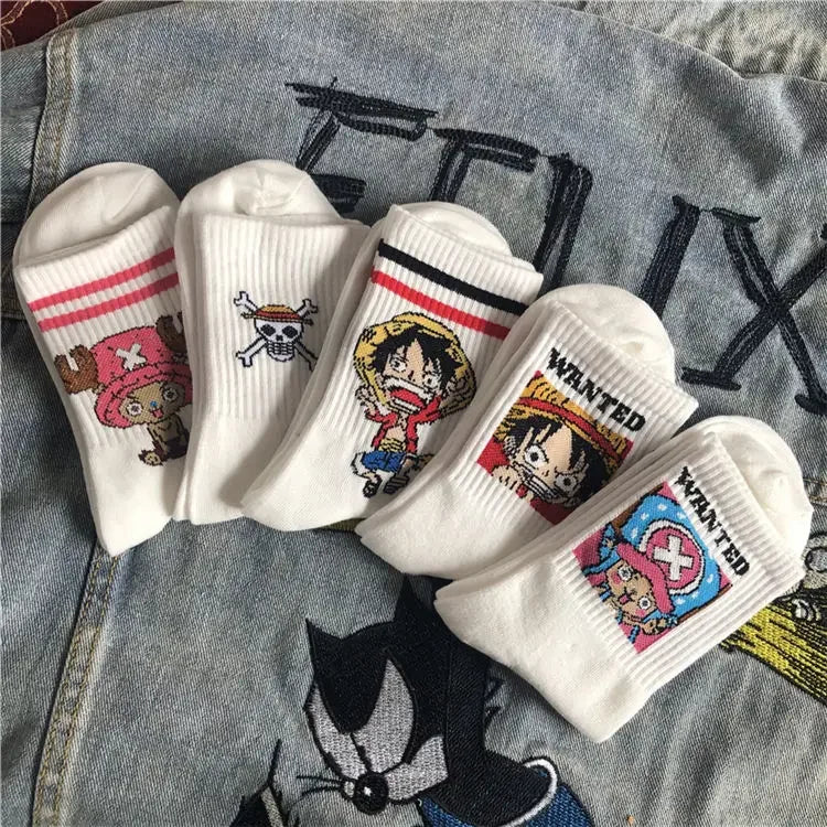 Anime One Piece Socks | Cartoon 5 Pair Set | Luffy & Chopper Student Cotton Socks | White Long Short Boat Socks | Printed Knitted Socks | Children's Gift ShopOnlyDeal