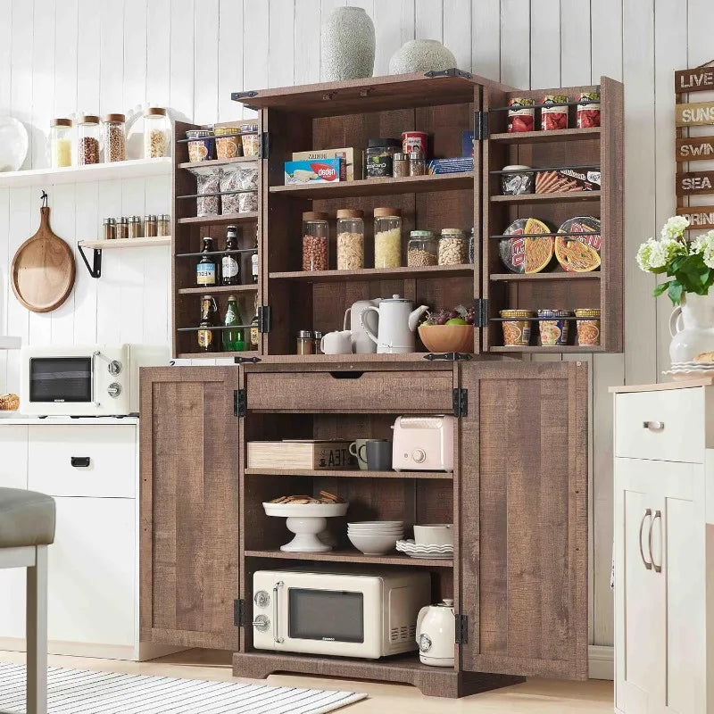 72" High Kitchen Pantry, Farmhouse Storage Cabinet with Barn Doors, Organizers, Drawers and Adjustable Shelves ShopOnlyDeal