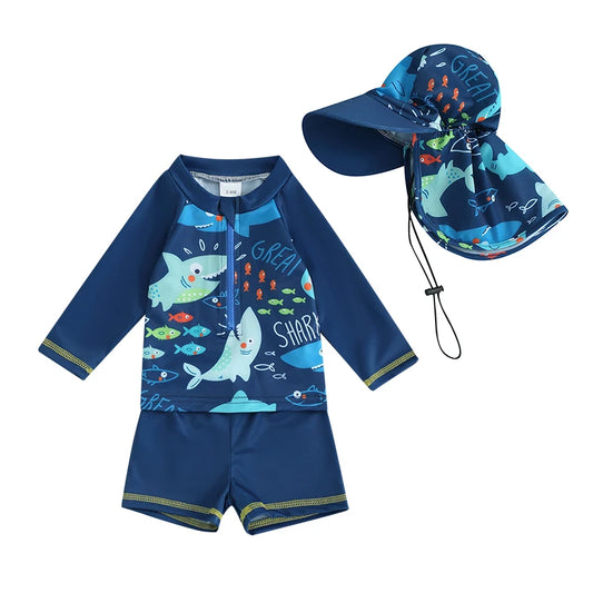 Toddler Baby Boys Summer Swimsuit Set Fish Print Long Sleeve Tops Elastic Waist Swim Trunks Hat Kids 3Pcs Bathing Suit ShopOnlyDeal