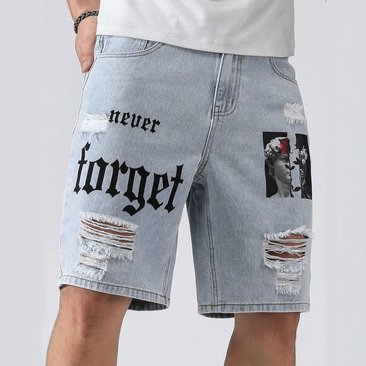 Men Summer Stretchy Denim Shorts Jeans For Men Streetwear Letter Ripped Knee length Baggy Comfort Cargo Casual Shorts Pants Jean ShopOnlyDeal