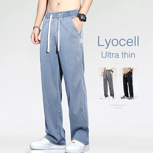 Summer Thin Loose Wide-leg Men Jeans Soft Lyocell Elastic Fashion Casual Straight Drawstring Denim Trousers Black Blue Gray ShopOnlyDeal