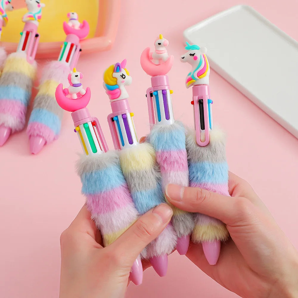 Kawaii Unicorn Fluffy 6 Colored Mechanical Ballpoint Pen | School & Office Writing Supplies | Stationery Gift ShopOnlyDeal