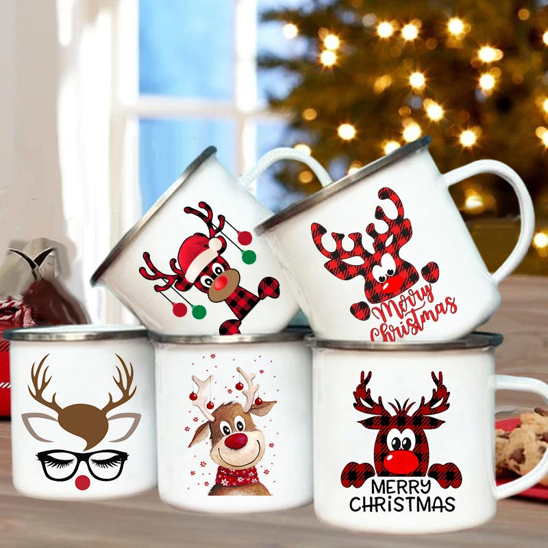 Merry Christmas Enamel Coffee Wine Cup Deer Print Drink Mug Dessert Hot Cocoa Chocolate Cup Cake Mugs Handle Drinkware Xmas Gift ShopOnlyDeal