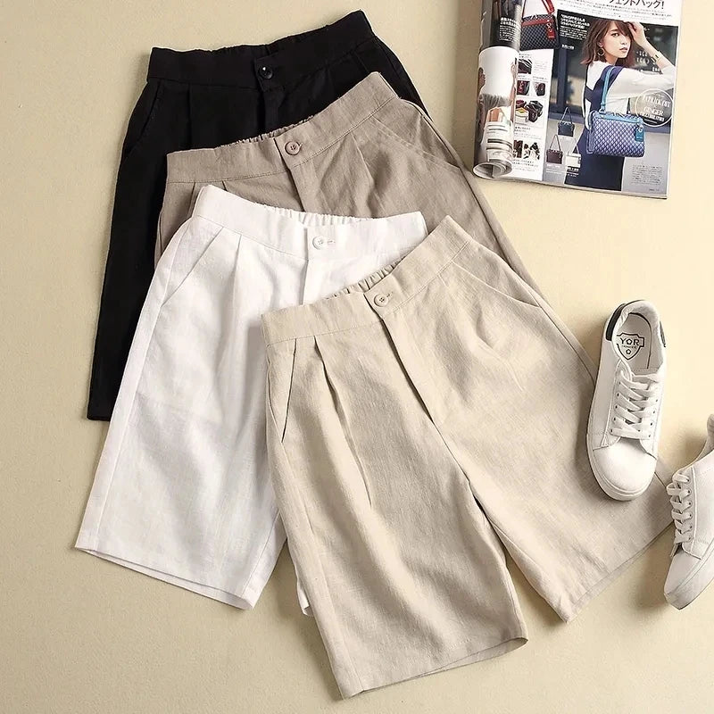 Casual Linen Cotton Elastic High Waist Wide Leg Button Loose Women's Shorts | Korean Fashion Summer Shorts Women 2024 ShopOnlyDeal