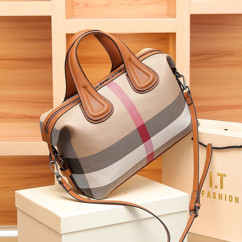 Luxury Lady Boston Handbags 2024 Luxury Fashion Plaid Canvas Women Messenger Shoulder Bags Brand Designer Portable Crossbody Bag Purses ShopOnlyDeal