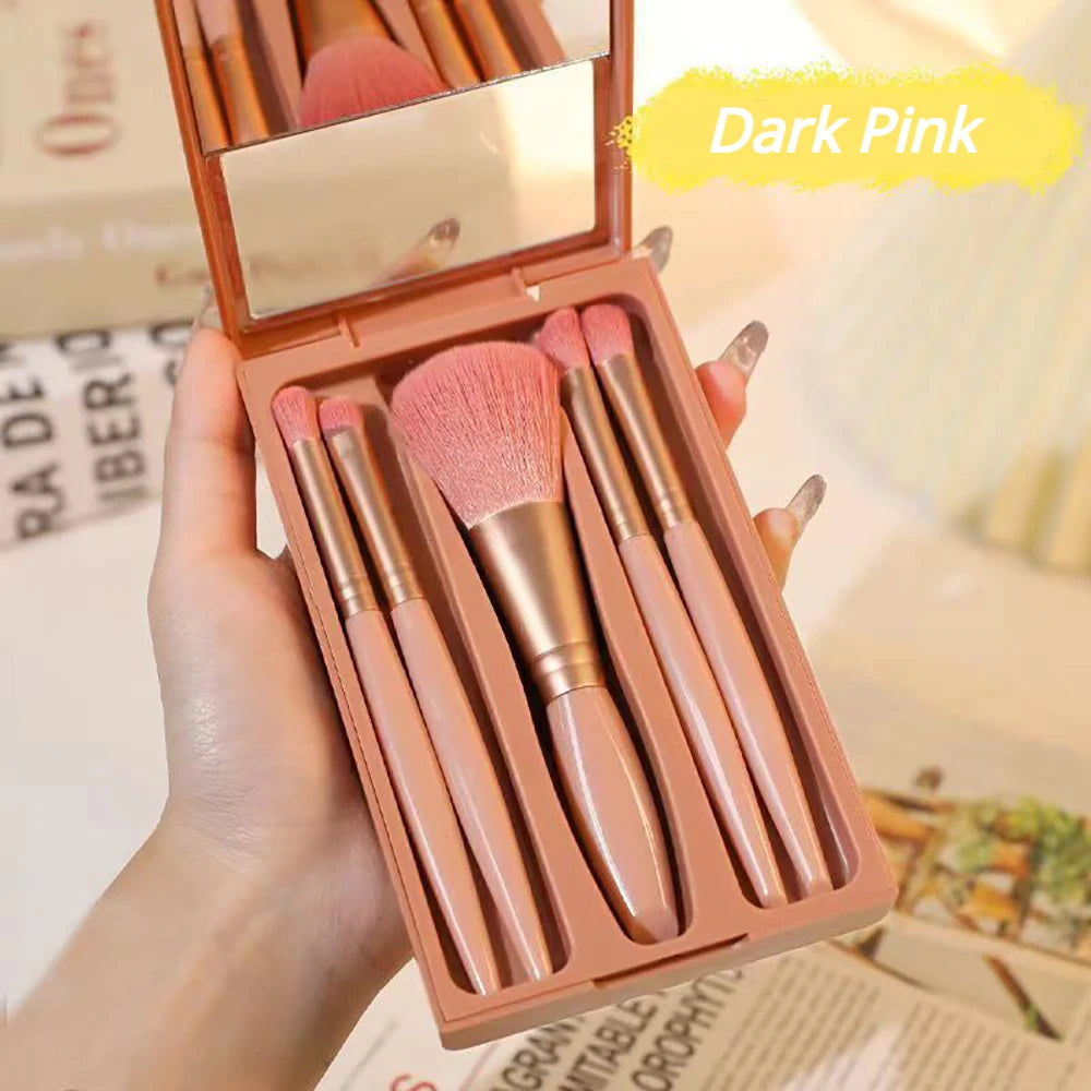 5Pcs Travel Makeup Brushes Set Portable Mini Cosmetic Brush with Mirror Case Powder Blending Eyeshadow Brush Beauty Make Up Tool ShopOnlyDeal