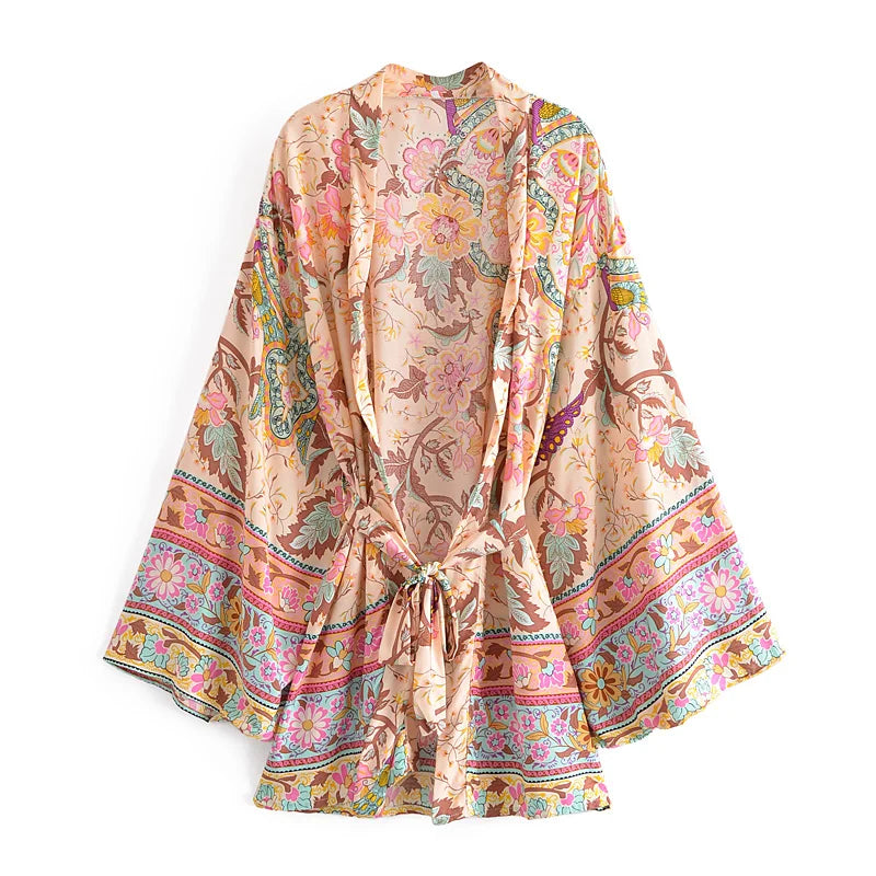 Vintage Peacock Floral Print Sashes Bohemian Kimono | Women V-Neck Batwing Sleeves Short Robe | Boho Bikini Cover-Ups ShopOnlyDeal