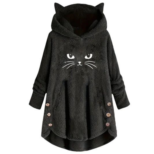 Autumn and Winter Plush Letter Cartoon Print Cat Ears Long-Sleeved Pullover Hooded Loose Casual Street Sweatshirt Women's Warm Top ShopOnlyDeal