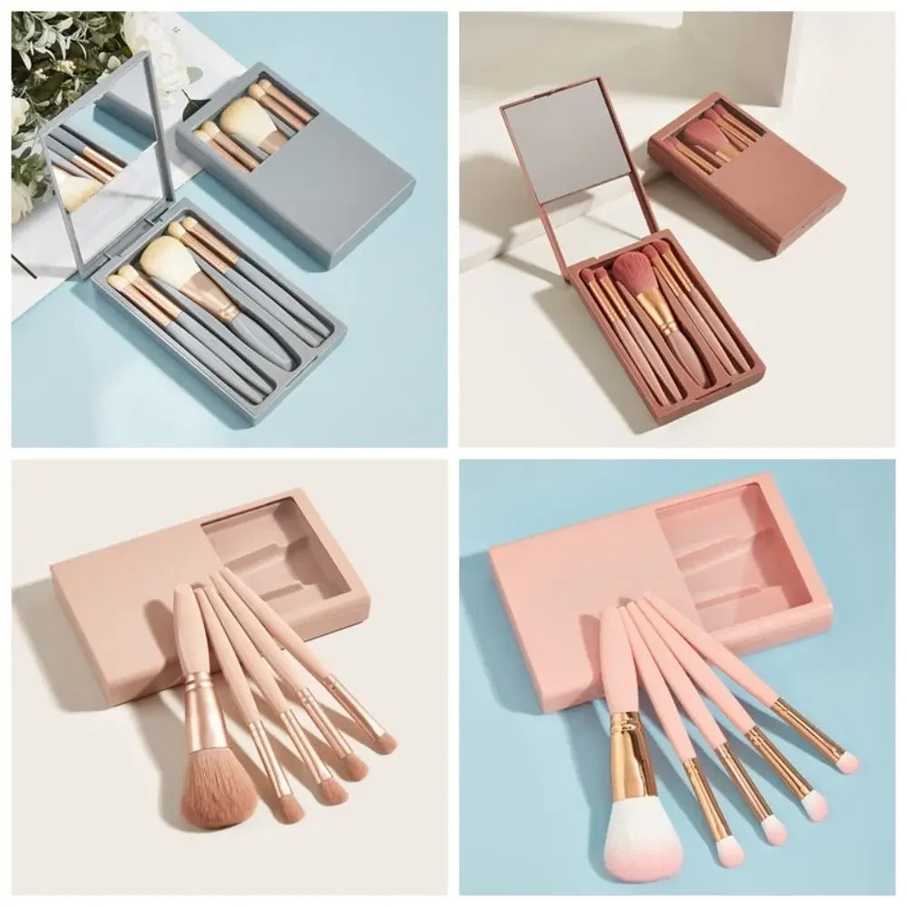 5Pcs Travel Makeup Brushes Set | Portable Mini Cosmetic Brush with Mirror Case | Powder Blending Eyeshadow Brush | Beauty Make Up Tool ShopOnlyDeal