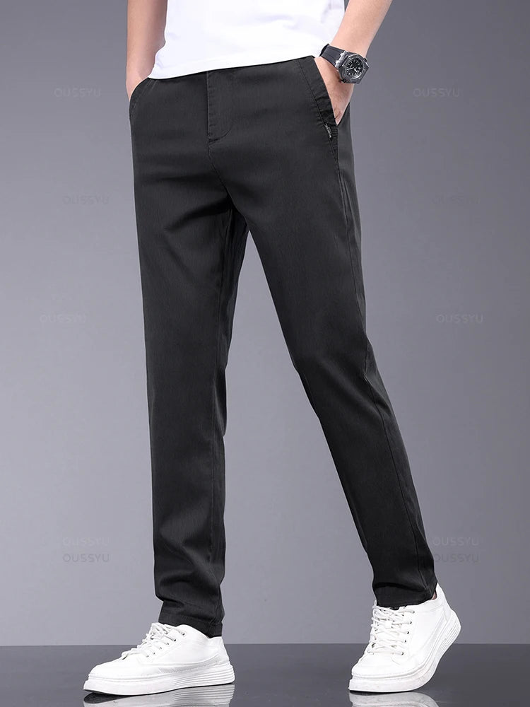 Spring Summer Soft Stretch Lyocell Fabric Men's Casual Pants Thin Slim Elastic Waist Business Grey Trousers Male ShopOnlyDeal