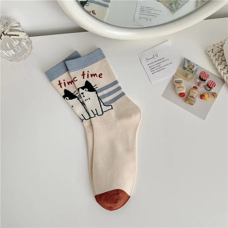 New Cotton Socks for Autumn Winter | Cute Kawaii Harajuku Street Cartoon Cat Mid-Tube Socks | Breathable Sweat Absorption Sports Student Socks ShopOnlyDeal