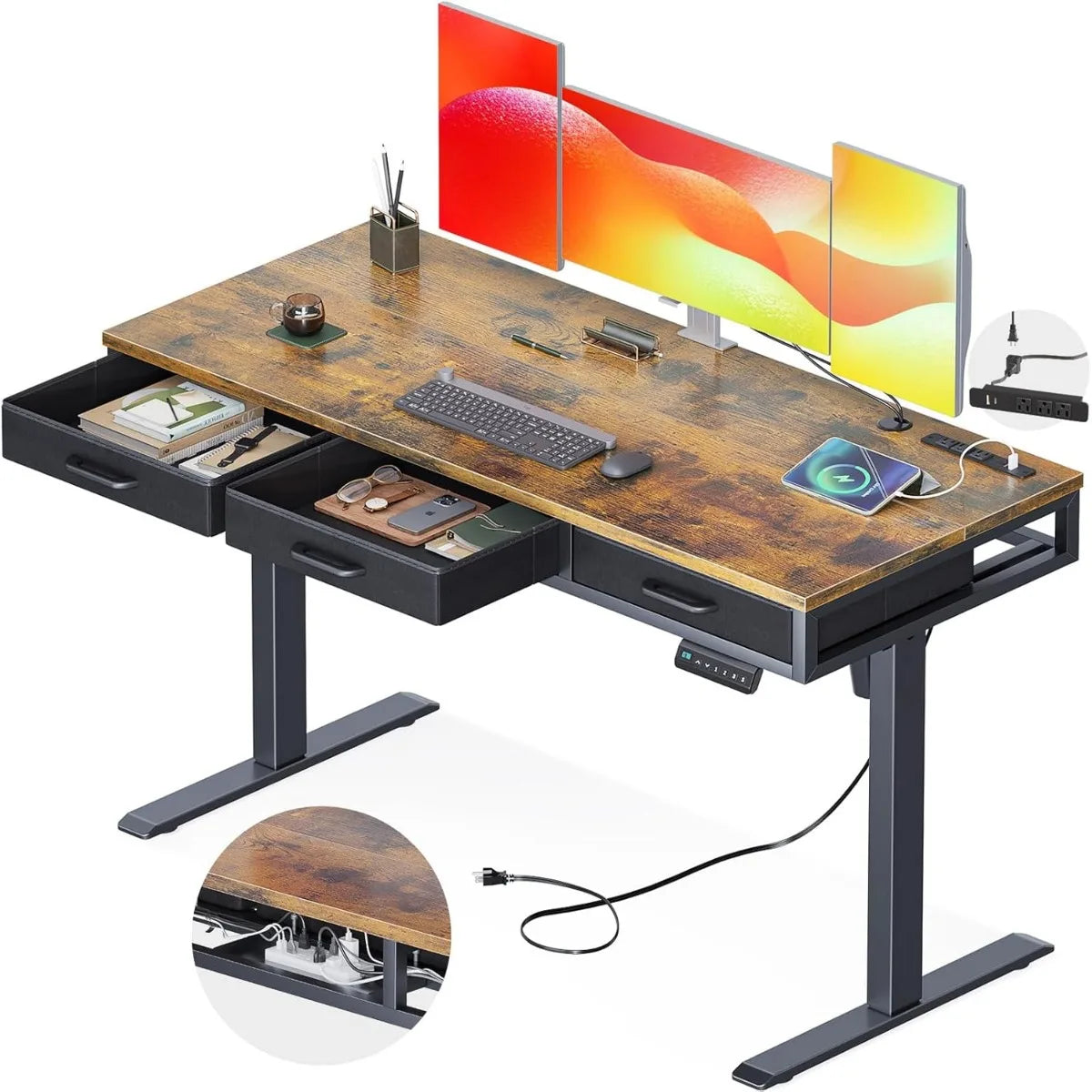 Electric Standing Desk with Drawers, Height Adjustable Desk with Power Outlets & LED Lights, Stand Up Desk with 3 Drawers ShopOnlyDeal