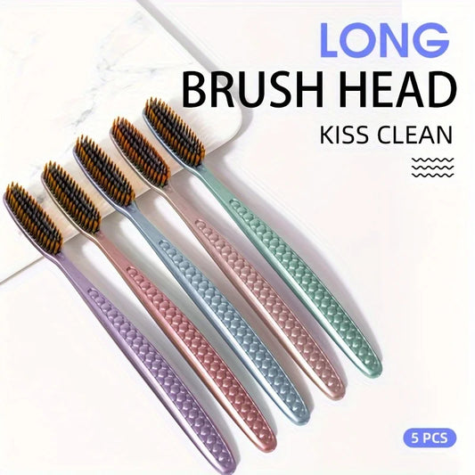 soft bristled toothbrush 5pcs bag with curved extended brush head for deep oral cleaning in 5 colors for adults, ShopOnlyDeal