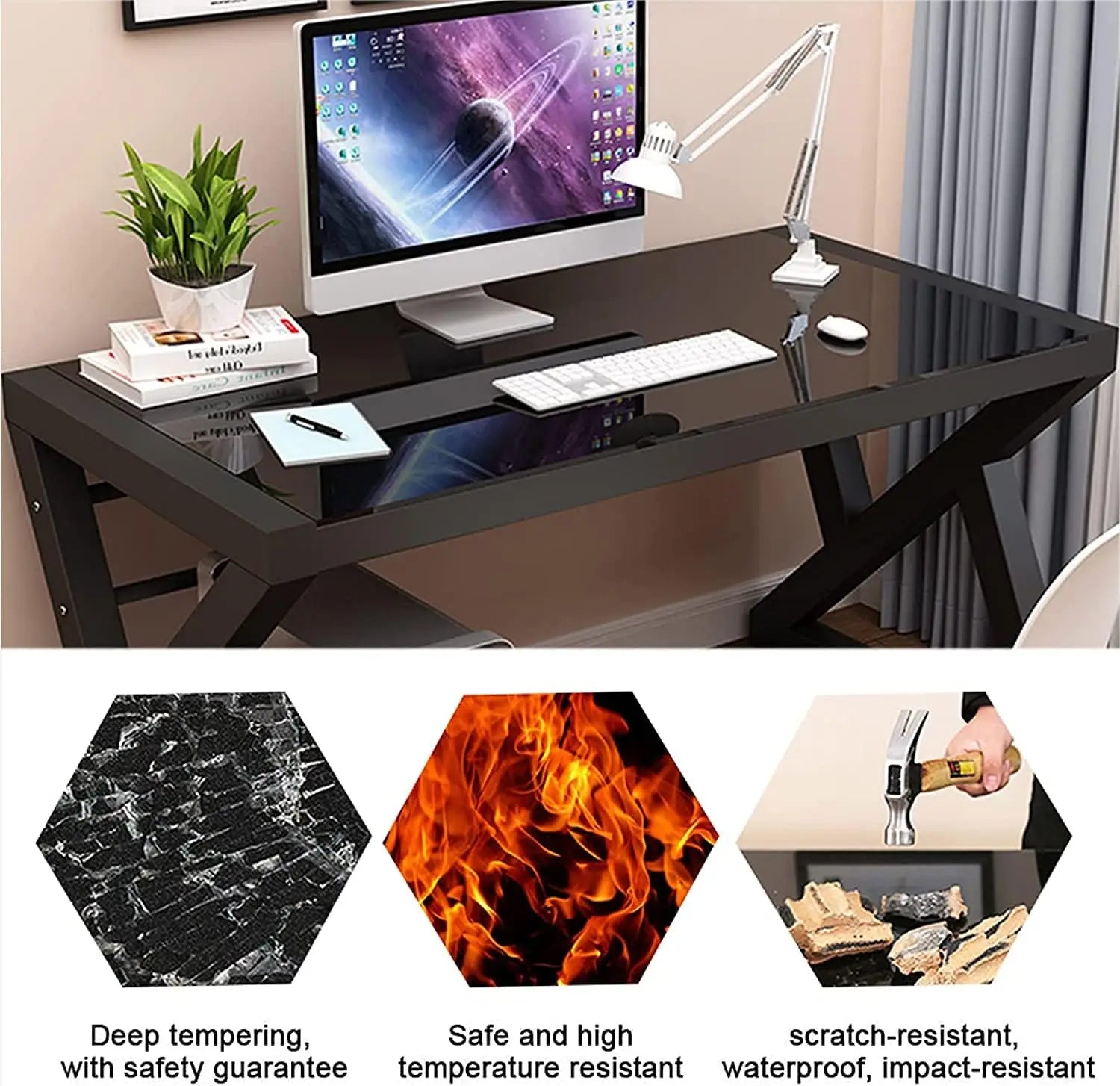 SAMERY Computer Desk Home Office Desks, 55.1 Inch Modern Simple Office Black Glass Desk Computer Table Study Gaming ShopOnlyDeal