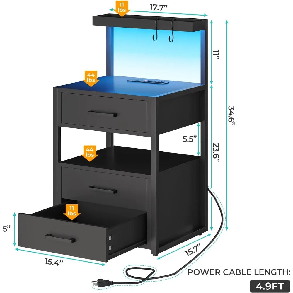 Led Nightstand with Charging Station, 3 Drawers Night Stands with Led Lights, Black Bedside Tables with Storage Shelves ShopOnlyDeal