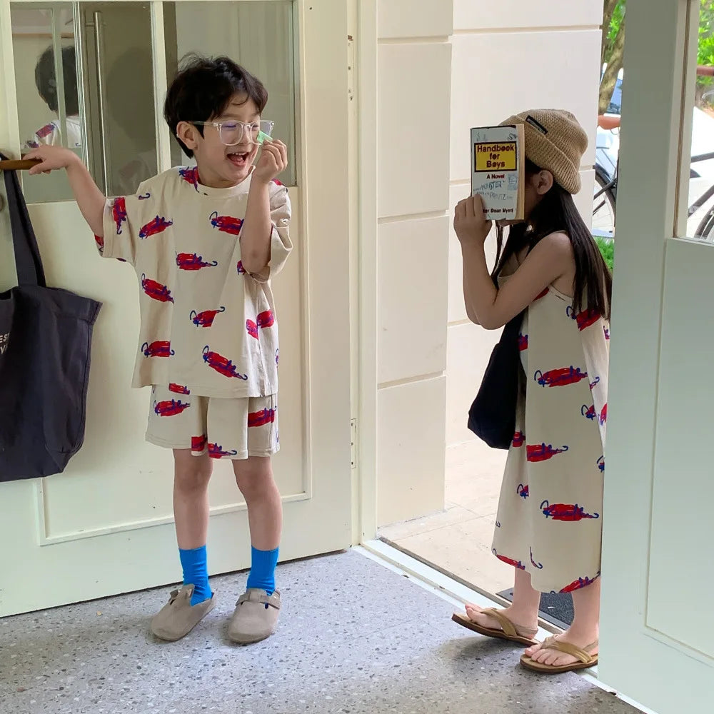 Brother and Sister Clothes 2024 Summer New Korean Alphabet Graffiti Girl's Long T-shirt Dress Or Boy's Two Piece Suit ShopOnlyDeal