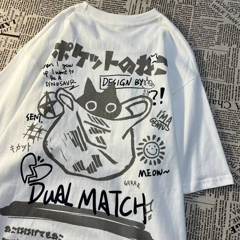 Kawaii Women's Cartoon T-Shirts | 2024 Summer Harajuku Cat Printed Short Sleeve Tees | Female Couple Streetwear | Loose Clothes Y2K Tops ShopOnlyDeal