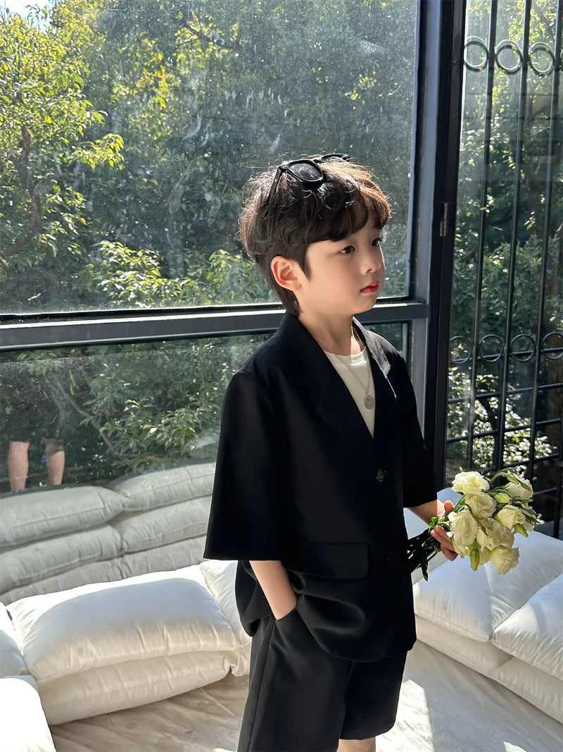 Boys' Blazer Suit Set | Thin Casual Korean-Style | Black Short Sleeve Coat + Shorts | High-Quality 2-Piece Ensemble ShopOnlyDeal