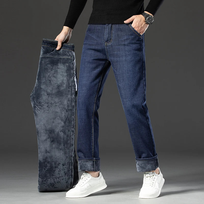 2024 Winter Fleece Thick Warm Men Jeans Slim Skinny Stretch Straight Classic Version of  Denim Plush Pants Male Brand Clothing ShopOnlyDeal