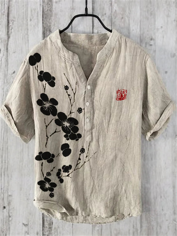 Summer Japanese Art Print Vintage Henley Shirts | Men's Casual Button-Down Short Sleeve V-Neck T-Shirt | Men's Tees Tops Clothing ShopOnlyDeal