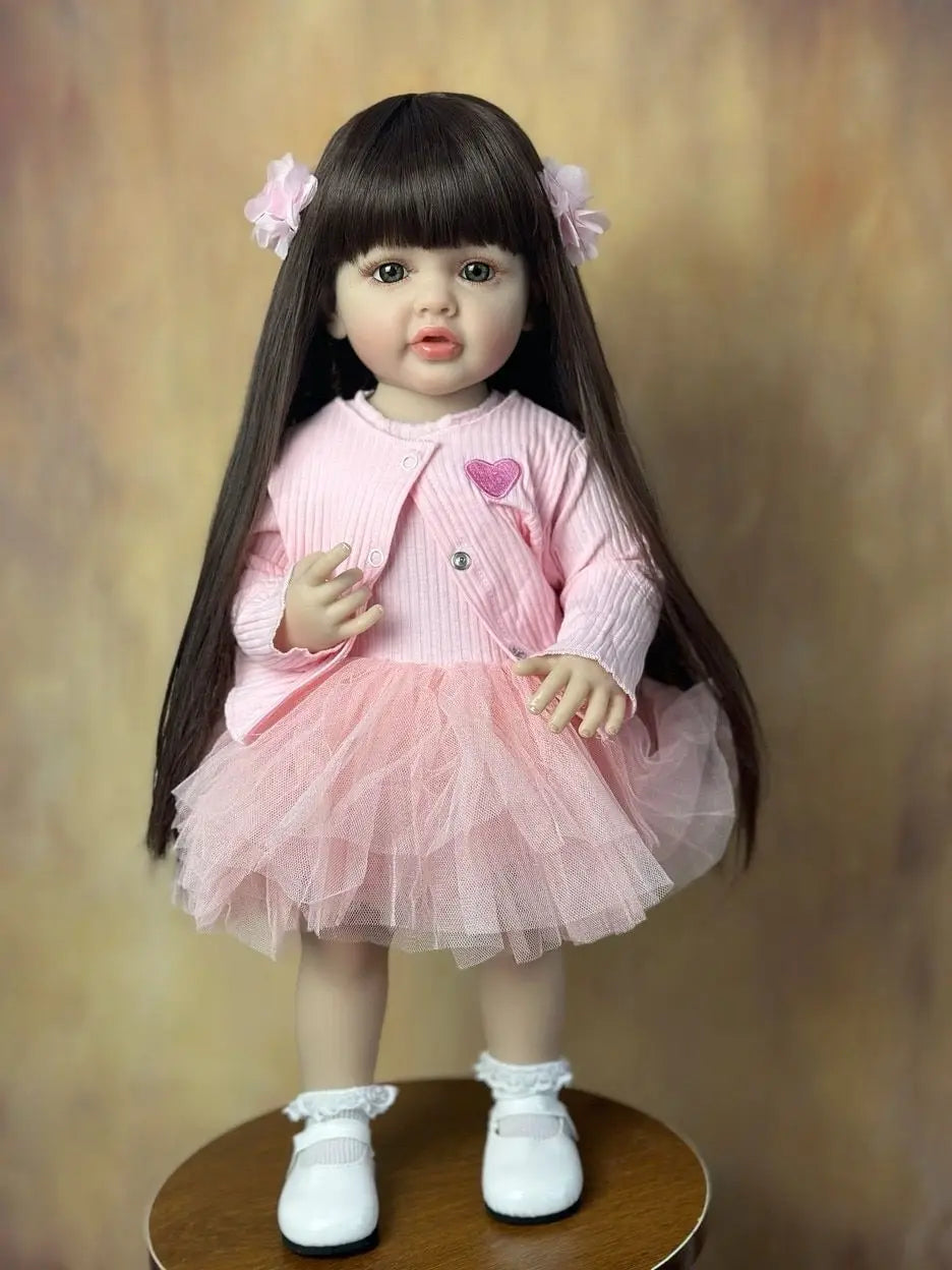 BZDOLL 55cm 22inch Lifelike Reborn Baby Girl Doll Soft Silicone Long Brown Hair Realistic Princess Toddler Bebe Birthday Gift ShopOnlyDeal