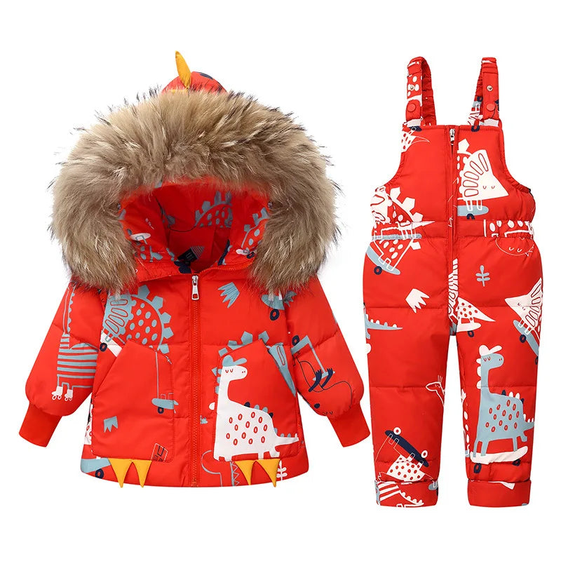 Cartoon Dinosaur Winter Children Clothes Set Real Fur Down Jacket For Girls Baby Boy Jumpsuit Kids Overalls Boys Outerwear Coat ShopOnlyDeal