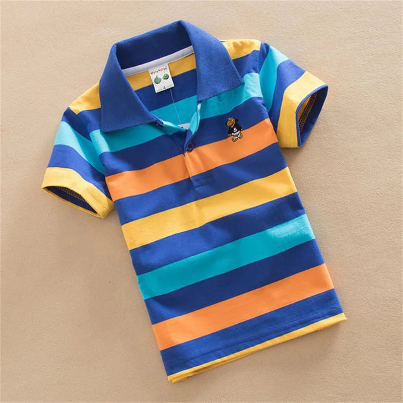 Summer Tee for Boys | Striped Short Sleeve Polo with Cartoon Bear Embroidery | Breathable Kids' Top for Children & Teens ShopOnlyDeal