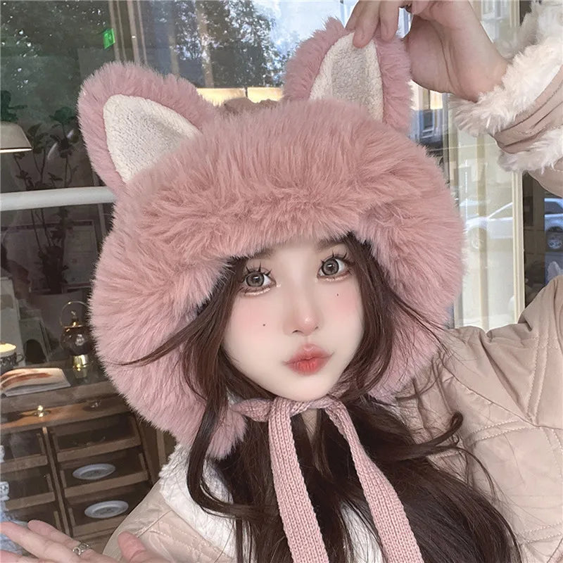 Fox Ear Hat Female Winter Sweet and Cute Knitted Woolen Lei Feng Hat Plush Thick and Warm Northeast Mongolian Hat Ear Protection ShopOnlyDeal