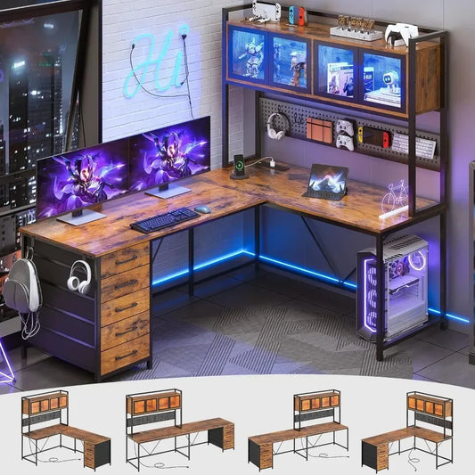 Shaped Gaming Desk with Drawers, L Shaped Computer Desk with Hutch and Storage Shelves, Gaming Desk with Pegboard, Led Lights ShopOnlyDeal