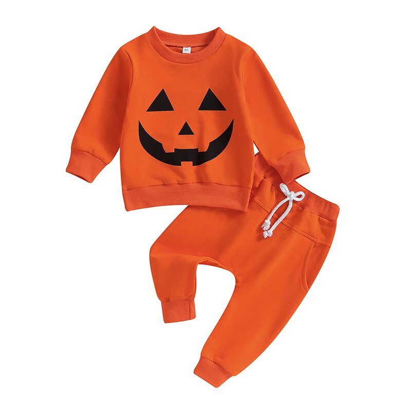 Halloween 0-4Years Toddler Boy Girl 2Pcs Halloween Outfits Long Sleeve Pumpkin Face Print T-Shirt Pocket Pants Set ShopOnlyDeal