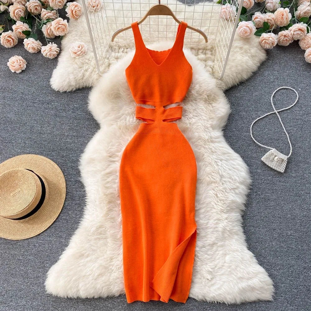 Women Dress Sexy Cut Out Waist Package Hips Split Bodycon Dress Summer Fashion Lady Knitted Party Vestidos Sundress ShopOnlyDeal