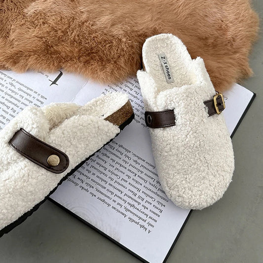 Luxury Designer Lambswool Winter Cotton Shoes Women Slippers Warm Plush Curly Sheep Fur Flats Buckle Belt Mules Mocasines Mujer ShopOnlyDeal