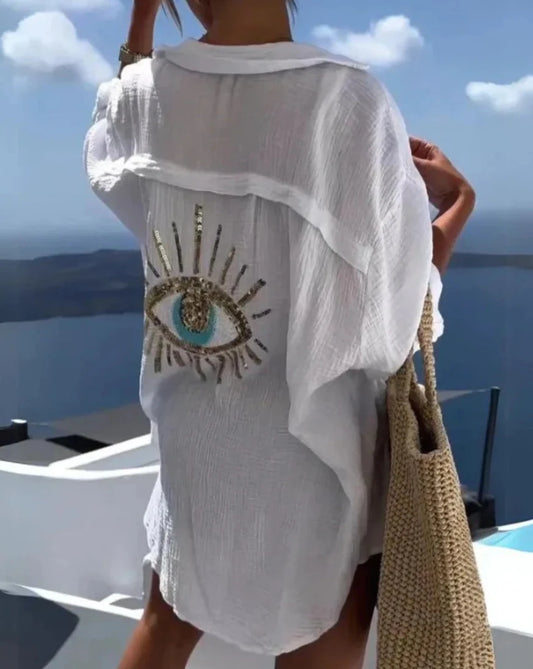 Summer Casual Sequin Eye Shirt Dress | Women Fashion Beach Style Loose Button | Sun Protection Cotton Linen Shirt Dress Women ShopOnlyDeal