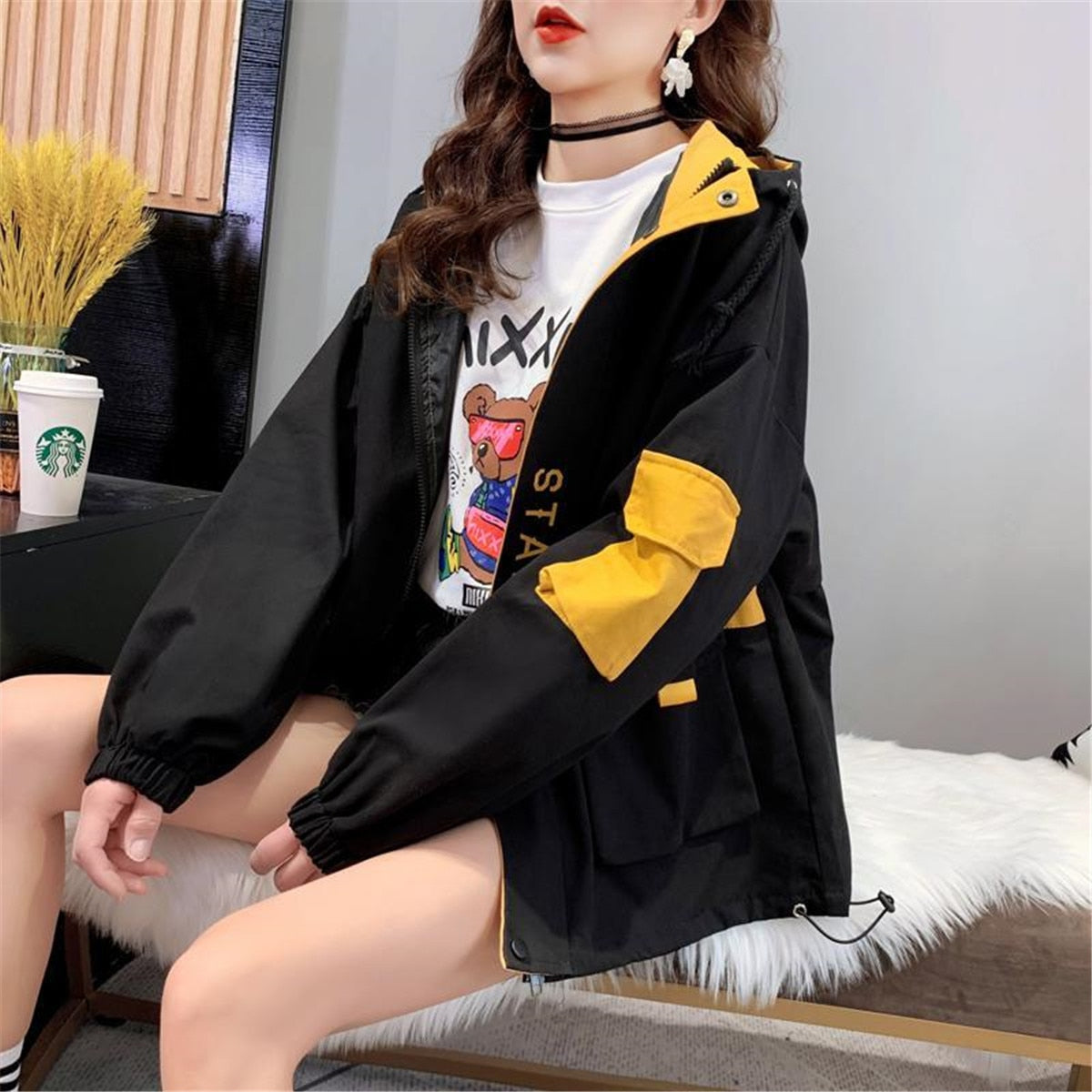 Fashion Spring Hoodie Women Harajuku Kpop Jacket Loose Hip Hop Tops Autumn Yellow Hooded Sweatshirt Zip Up Hoodie Streetwear ShopOnlyDeal