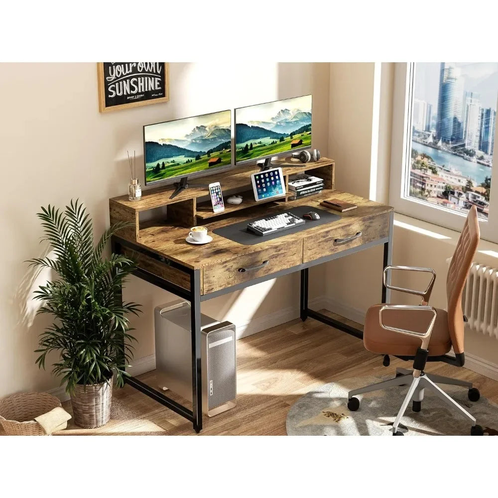 47" Home Office Desk With Monitor Shelf Gaming  Work Desk Study Desk for Bedroom Computer Table Rustic Brown Furniture ShopOnlyDeal