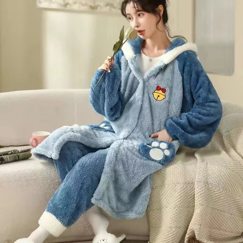 Winter Flannel Pajamas Sets For Women Cute Rabbit Ears Hooded Sleepwear Warm Thick Pyjamas Two Pieces Home Night Wear ShopOnlyDeal