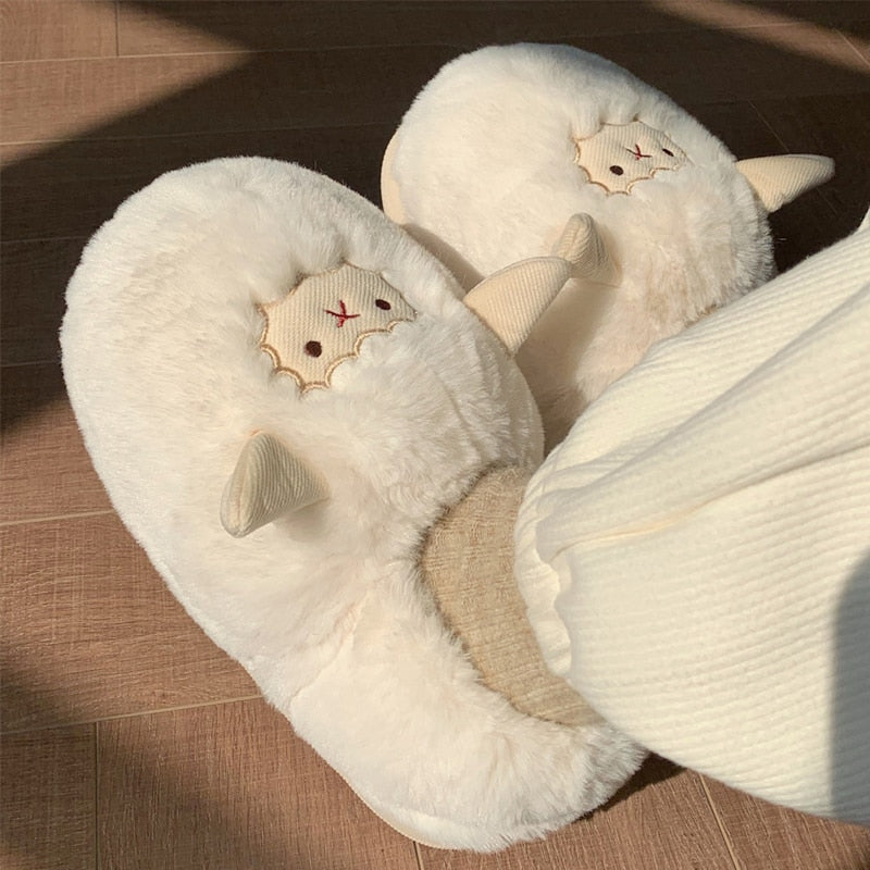 Shevalues Cute Lamb Cotton Slippers Women Fashion Indoor Furry Plush Slippers Female Winter Bedroom Warm Fluffy Cozy Home Shoes ShopOnlyDeal