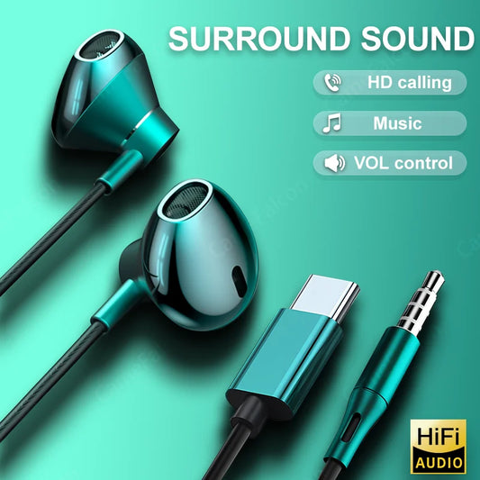 HiFi USB Type C Headphone Bass Stereo Volume Control Earbud  Mic 3.5mm Wired Earbuds For Galaxy Samsung S24 S23 Xiaomi Computer ShopOnlyDeal