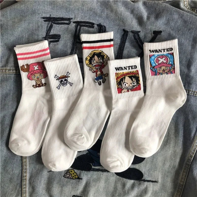 Anime One Piece Socks | Cartoon 5 Pair Set | Luffy & Chopper Student Cotton Socks | White Long Short Boat Socks | Printed Knitted Socks | Children's Gift ShopOnlyDeal