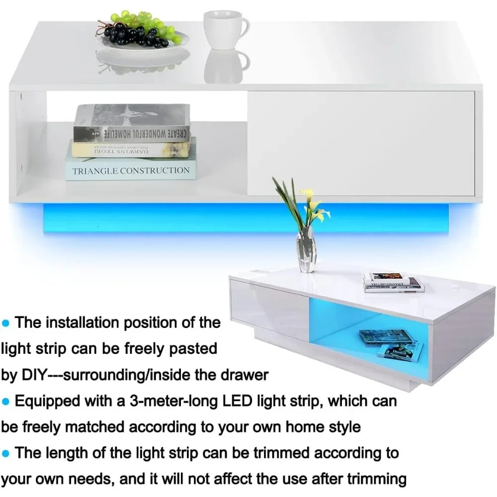 Coffee Table for Living Room Coffee Table Modern Led Center Table with Drawers Storage High Gloss Tabletop and with Led Lights ShopOnlyDeal