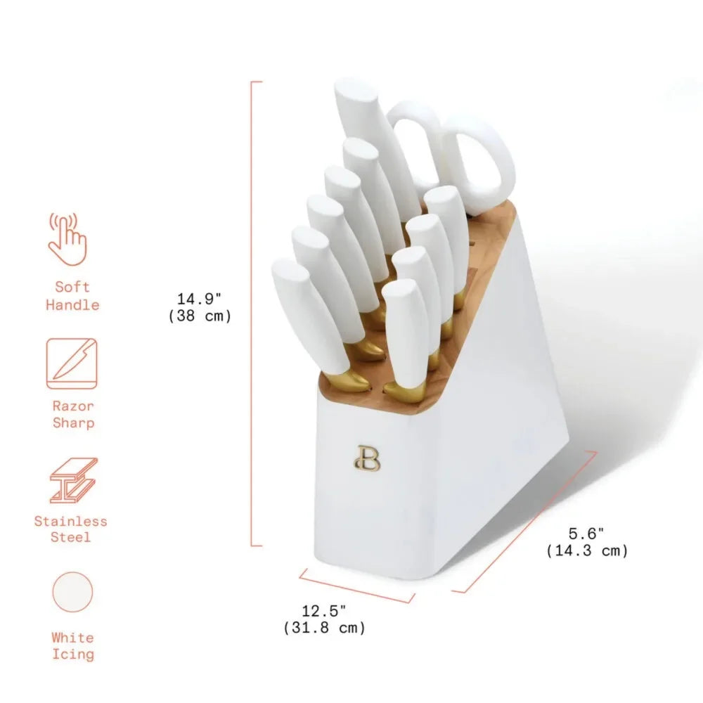 Beautiful 12 Piece Knife Block Set with Soft-Grip Ergonomic Handles White and Gold by Drew Barrymore ShopOnlyDeal