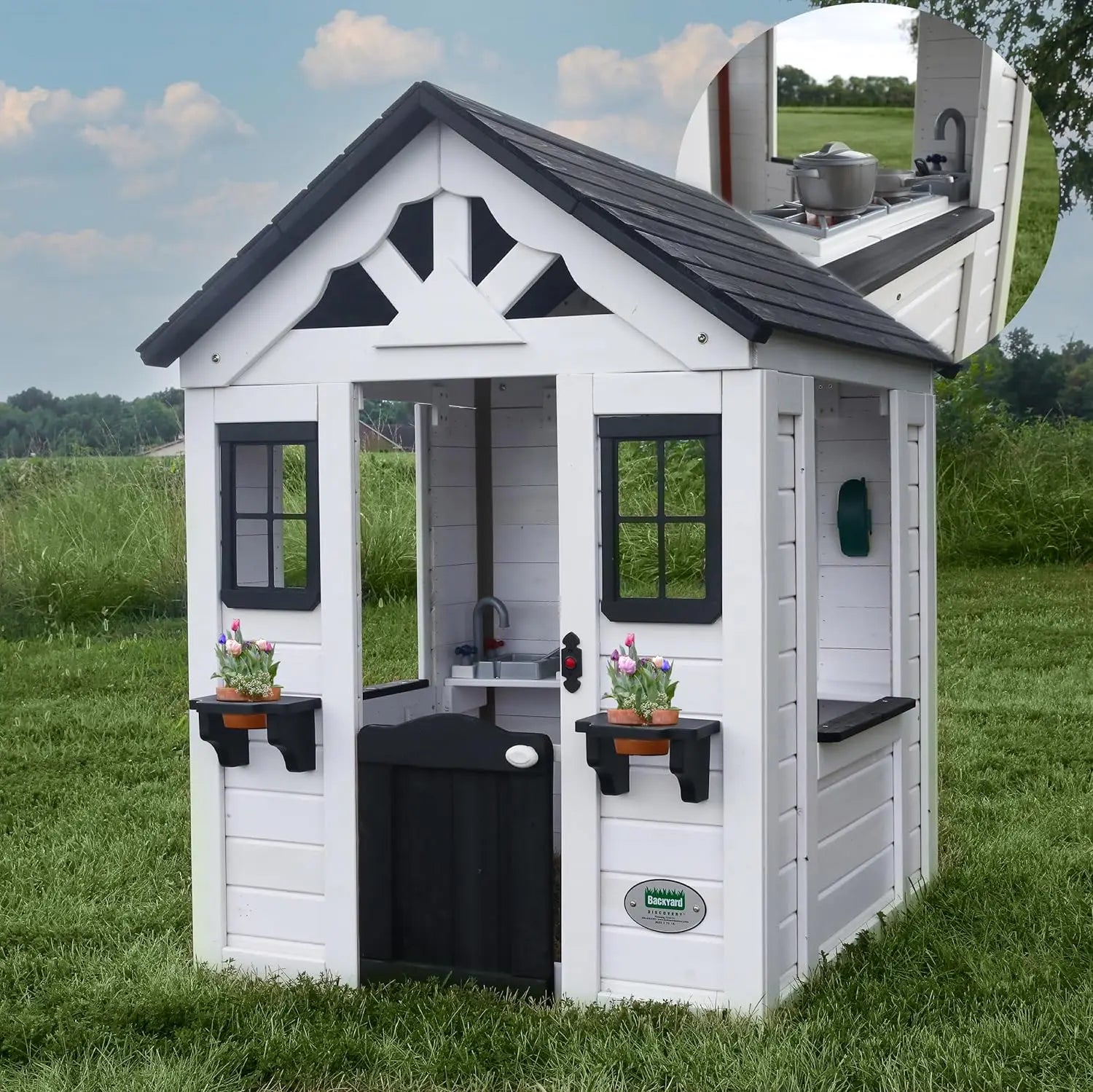 Sweetwater All Cedar White Modern Outdoor Wooden Playhouse, Cottage, Sink, Stove, Windows, Kitchen with Pot ShopOnlyDeal