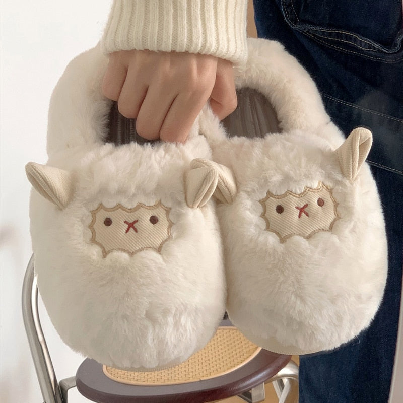 Shevalues Cute Lamb Cotton Slippers Women Fashion Indoor Furry Plush Slippers Female Winter Bedroom Warm Fluffy Cozy Home Shoes ShopOnlyDeal