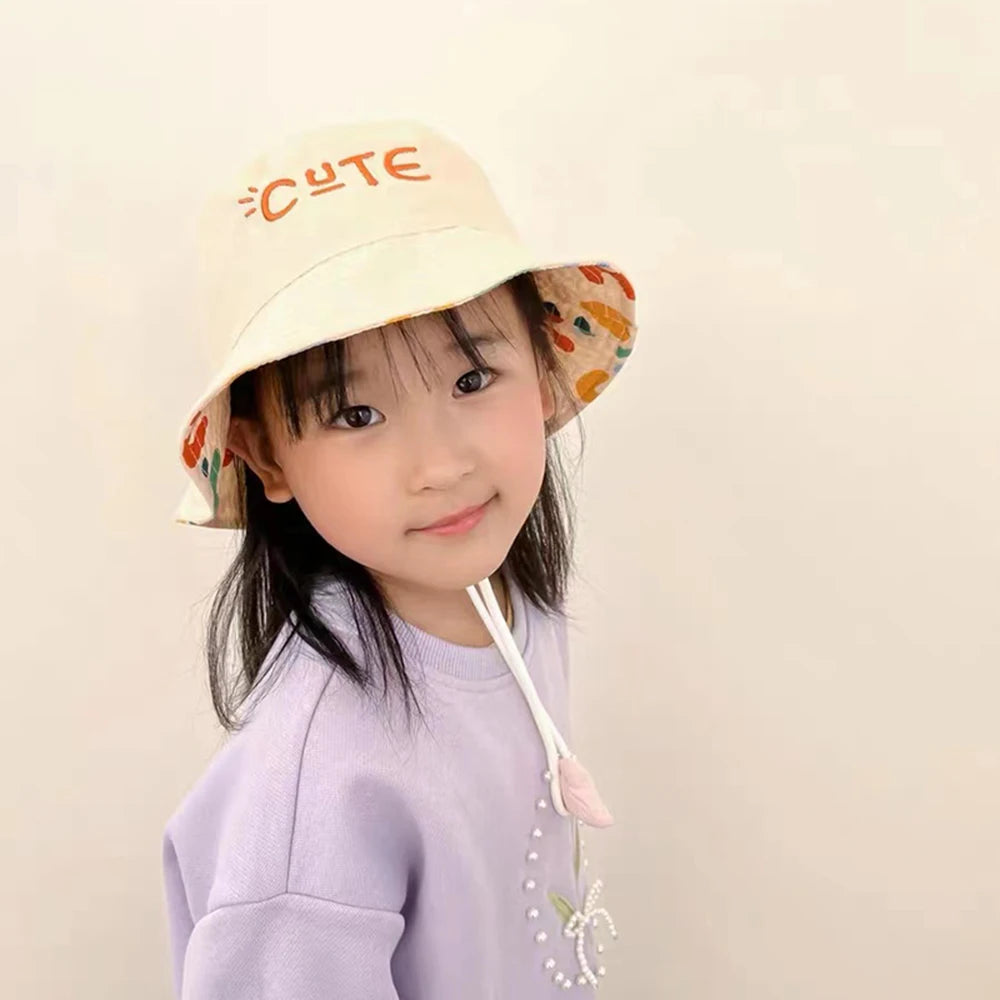 Double Sided Kids Bucket Hat With String Cute Letter Embroidered Boys Girls Fisherman Panama Cap Summer Outdoor Sun Hats Gorras ShopOnlyDeal