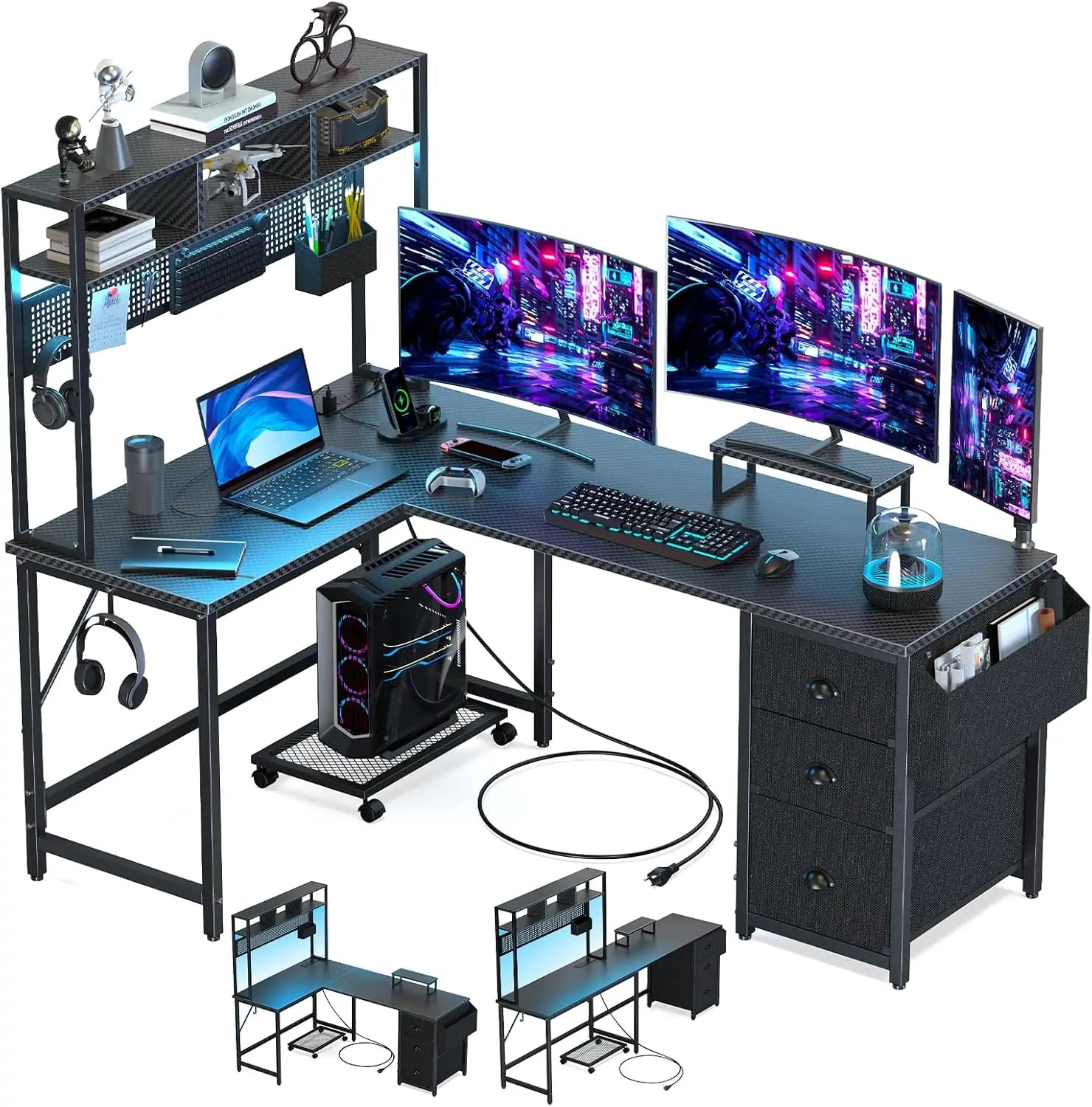 Gaming Desk Computer Desk with Pegboard & Shelves Large L Shaped Desk with Drawers, Power Outlet & LED ShopOnlyDeal