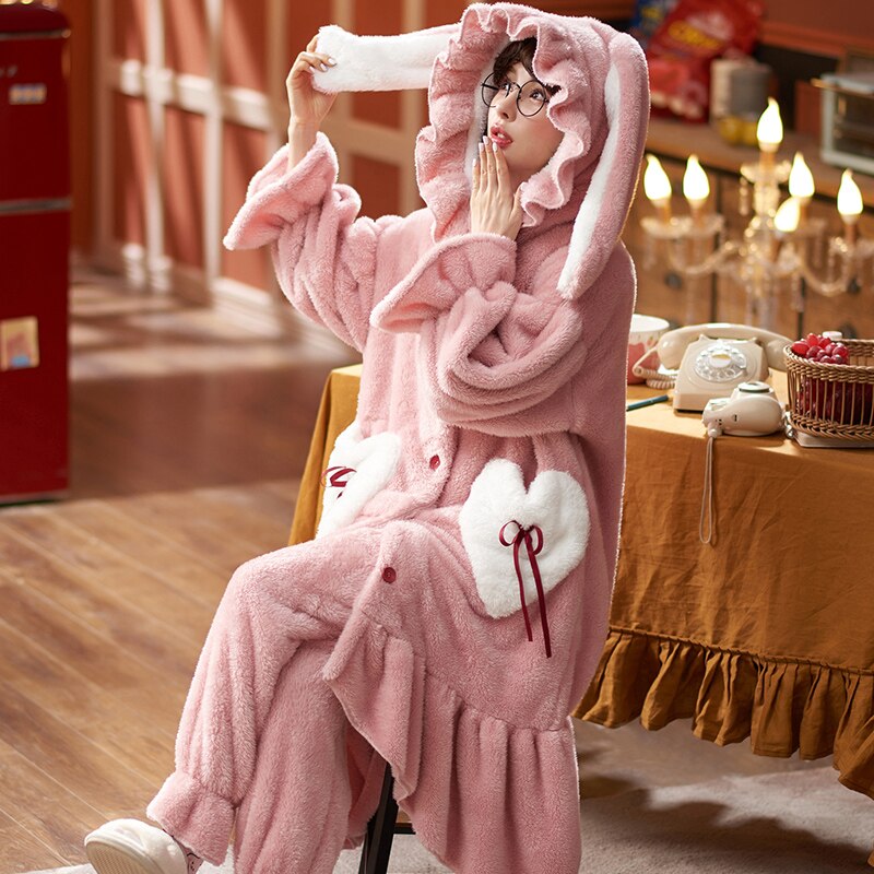 Kawaii Pajamas Women Warm Sweet Hooded Nightgown Winter Flannel Kawaii Home Clothes Female Cute Soft Chic Robes 2XL ShopOnlyDeal