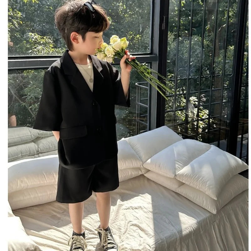 Boys' Blazer Suit Set | Thin Casual Korean-Style | Black Short Sleeve Coat + Shorts | High-Quality 2-Piece Ensemble ShopOnlyDeal