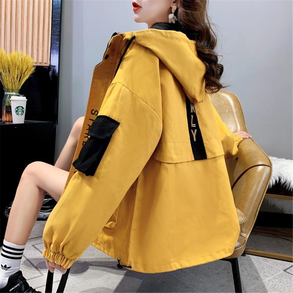 Fashion Spring Hoodie Women Harajuku Kpop Jacket Loose Hip Hop Tops Autumn Yellow Hooded Sweatshirt Zip Up Hoodie Streetwear ShopOnlyDeal