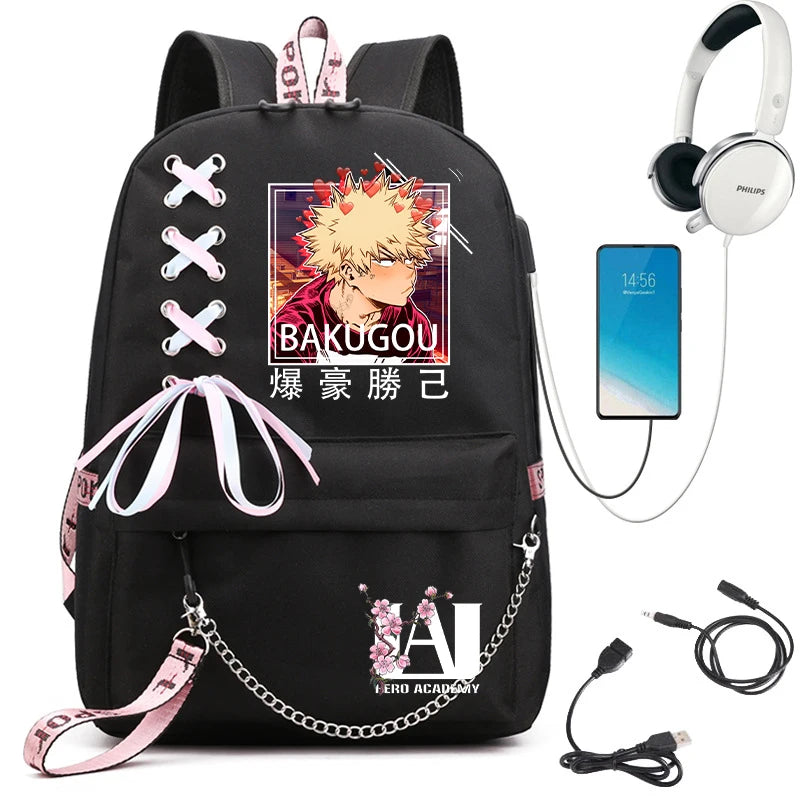 My Hero Academia Anime Women's Backpack | USB Port Ladies Travel Backpack | Shoulder Bag Featuring Katsuki Bakugo | Anime Trend Laptop Backpack ShopOnlyDeal