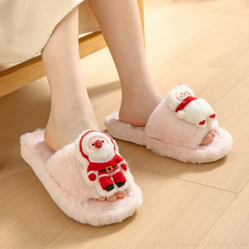 2023 Christmas Women'S Slippers Cute Cartoon Santa Claus Furry Slippers Wear Winter Soft Fluffy Home Slides Xmas Party Shoes ShopOnlyDeal